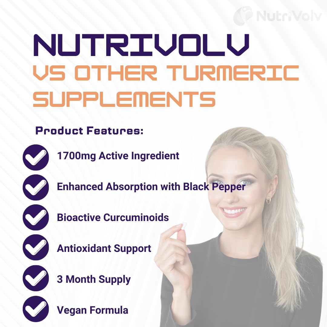 NutriVolv Turmeric Curcumin 1700mg with Ginger & Black Pepper – 90 Vegan Capsules | High Strength Joint Care Supplement | Natural Anti-Inflammatory & Antioxidant for Mobility, Digestion & Immune Health