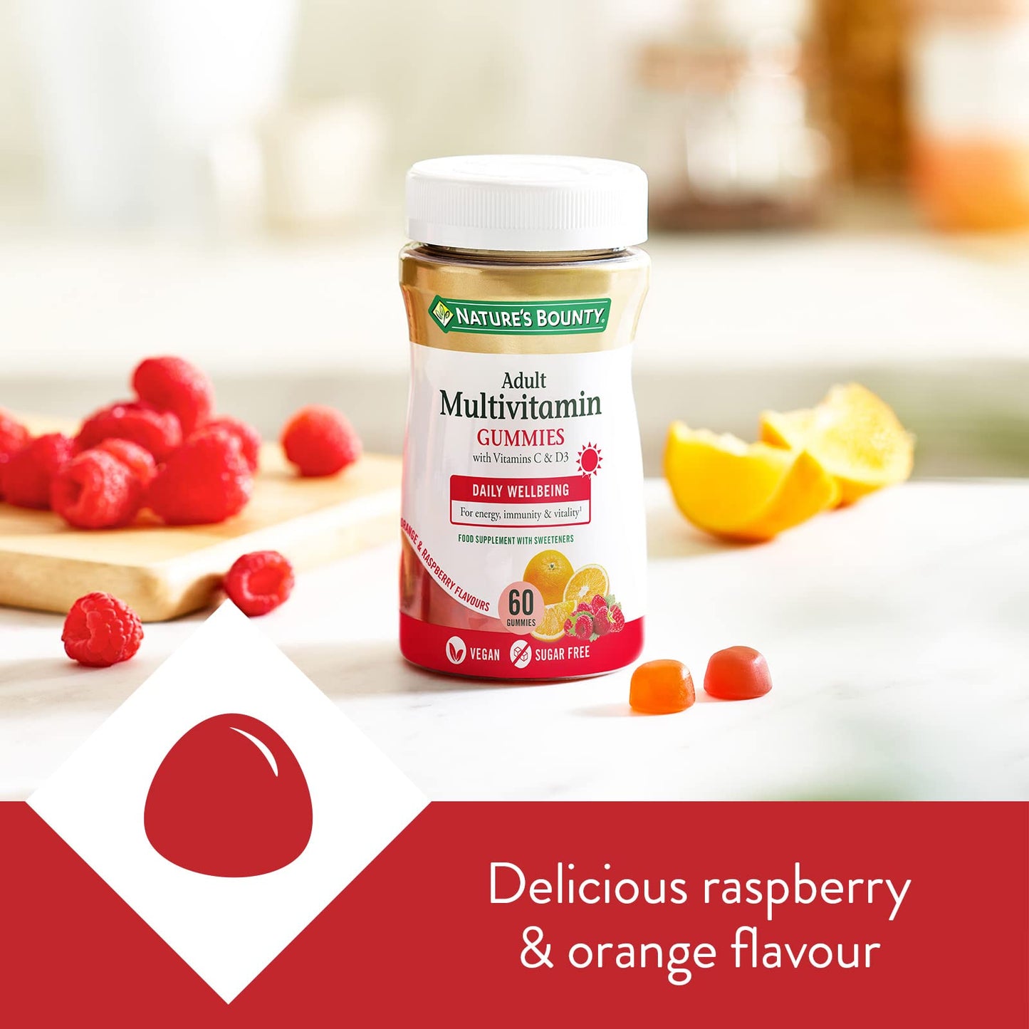 Nature's Bounty Adult Multivitamin Gummies - Pack of 60 Gummies, Two-a-day - With Vitamin B6, B12, D3, C and Biotin - For everyday wellbeing - Immune Support and Bone Health - Suitable for Vegans