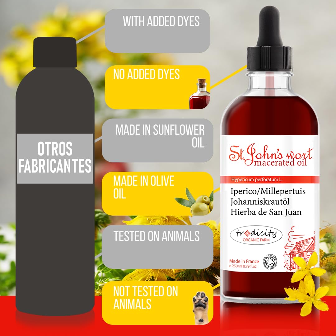 tradicity ORGANIC FARM St Johns Wort Muscle & Joint Massage Therapy Oil. Firming Anti Celullite Body Oil. Pregnancy Stretch Mark. Body, Face and Hair Moisturiser Oil. Anti Aging Night Serum 250 ml