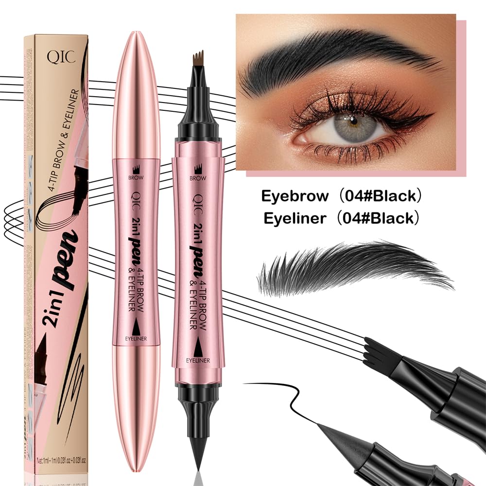 MAYEON 2 in 1 Eyebrow Pen with Eyeliner Pencil, Waterproof Eyebrow Pencil with 4 Fork Tip Multifunctional Double Head Microblade Eyebrow Pencil Waterproof and Long-Lasting (Black)