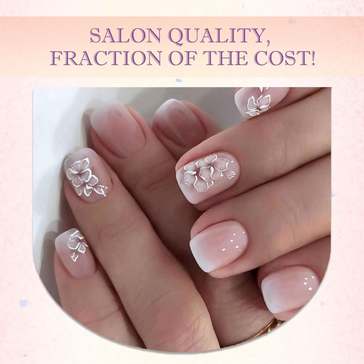 Generic 24PCS Medium Almond Stick On Nails with Floral Design - Elegant False Nails for Spring and Summer Style, Reusable Press On Set for Women, Glossy Pink Ombre Manicure with White Squoval Tips