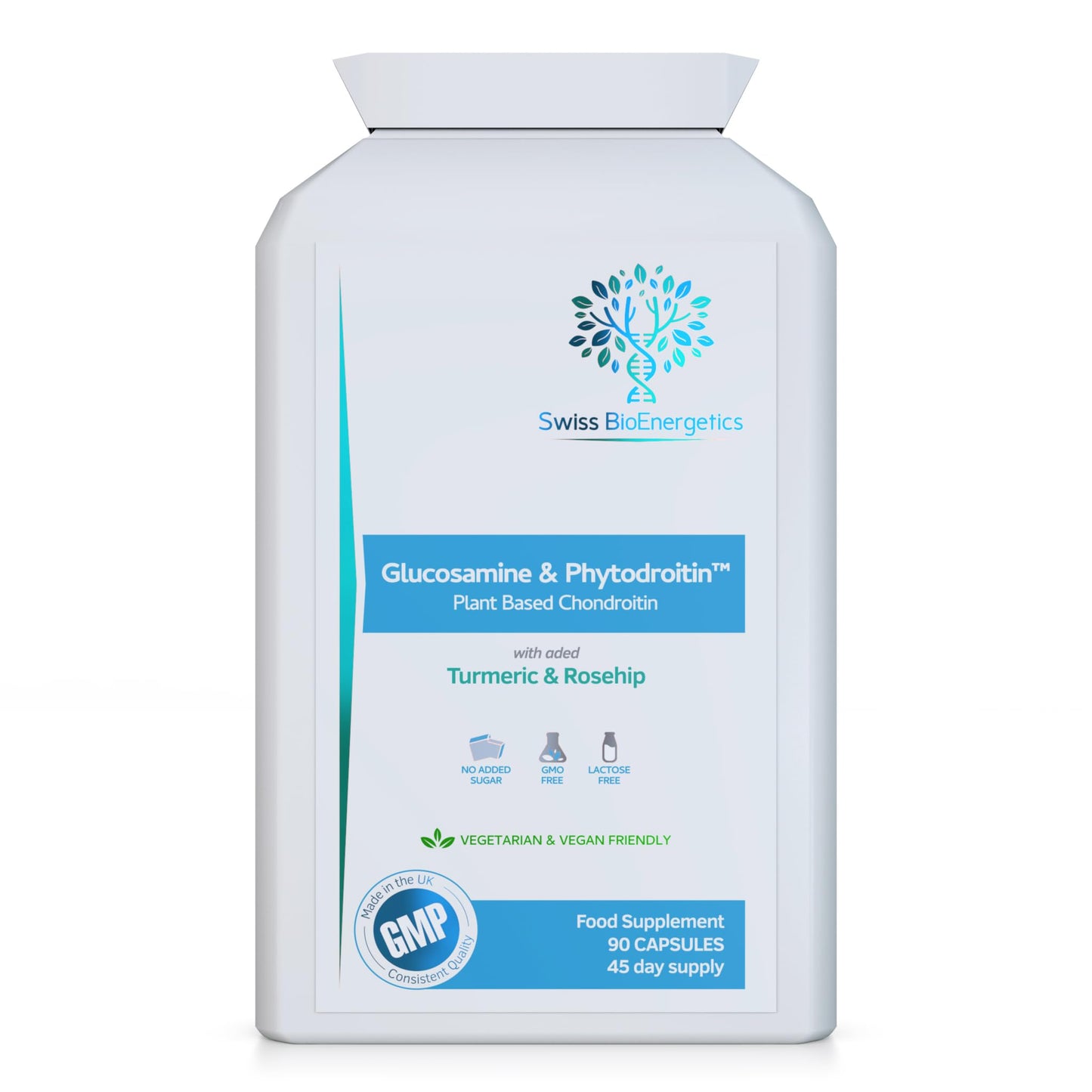 swiss bioenergetics Vegan Glucosamine Phytodroitin Complex 90 Capsules - with Plant Based Chondroitin, Turmeric, Rosehip and Vitamin C to Support Cartilage and Bones - UK Made