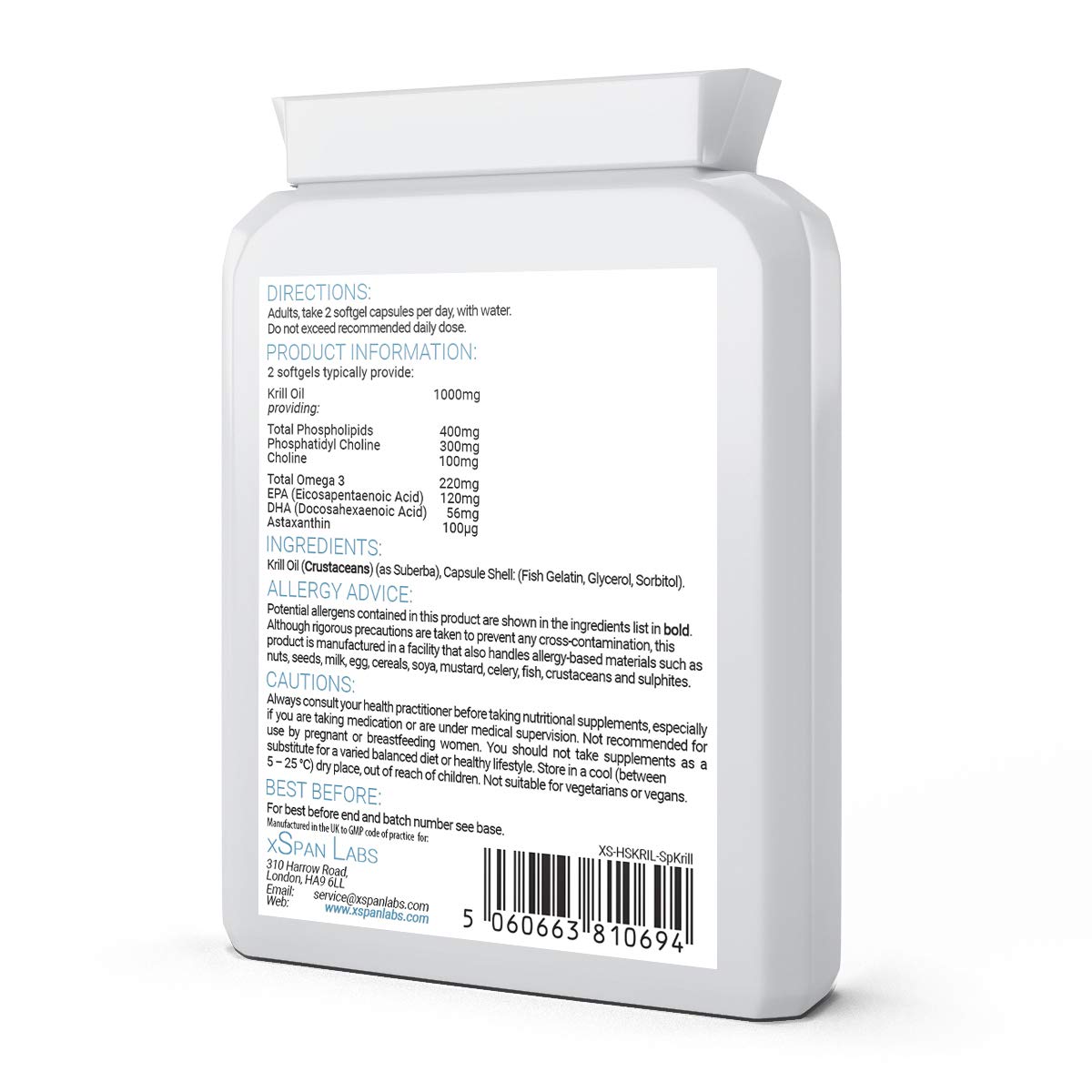 Xspan Labs Antarctic Krill Oil 500mg 60 Capsules - 100% Pure Cold Pressed Superba™ Krill Antarctic Eco Harvested – Reflux Free Source of Omega 3 EPA & DHA Lipids, Phospholipids, Choline and Astaxanthin