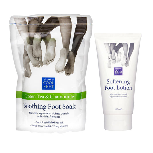 Escenti Cool Feet Soothing Foot Soak with Green Tea & Chamomile and Escenti Softening Foot Lotion 150ml | Foot Softener Set for Dry Skin | Helps Relax Tired Muscles