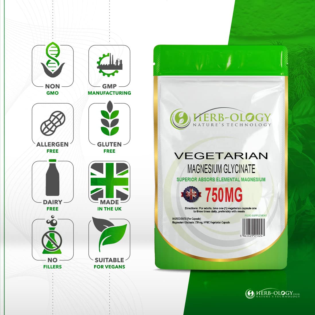 Herb-ology.co.uk Nature's Technology Herb-Ology Magnesium Glycinate Capsules | 120 Vegan Capsules | Magnesium Supplements | 750mg per Capsule | Highly Bioavailable, Dairy Free & Manufactured in The UK