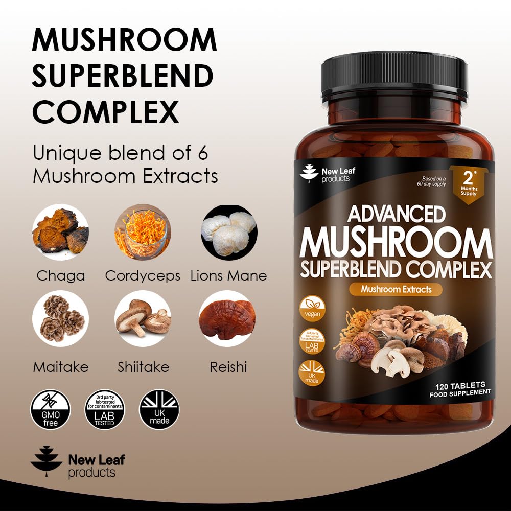 Mushroom Complex - Lions Mane Mushroom Cordyceps Mushroom Chaga Mushroom Reishi Mushroom Shiitake and Maitake Mushroom Blend - High Potency Mushroom Supplement - Made in The UK Made in The UK
