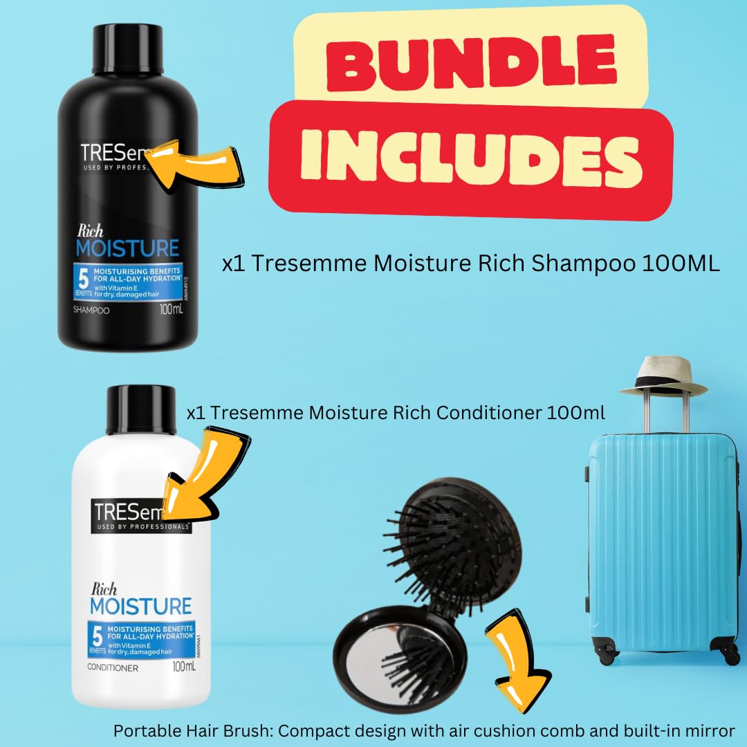 Tresemme Shampoo & Conditioner Bundle (100ml Each) with BVO Luxe Folding Brush – Complete Tresemme Mini Shampoo and Conditioner Travel Size Set