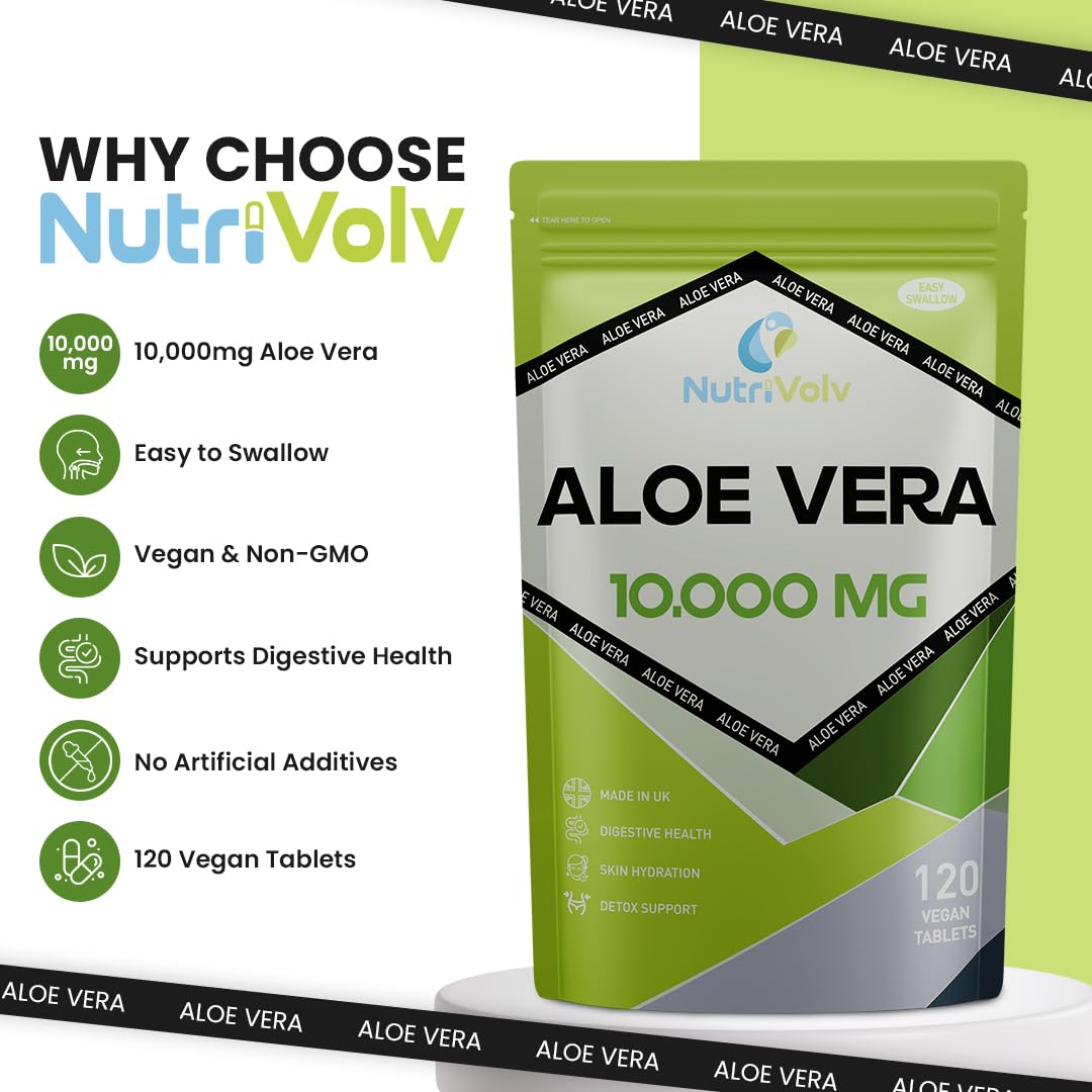 NutriVolv Aloe Vera 10,000mg - 120 Tablets | Natural Skincare, Colon Cleanse & Digestion Support | Detox & Immune Boosting Supplement | High Strength Aloe Vera Extract