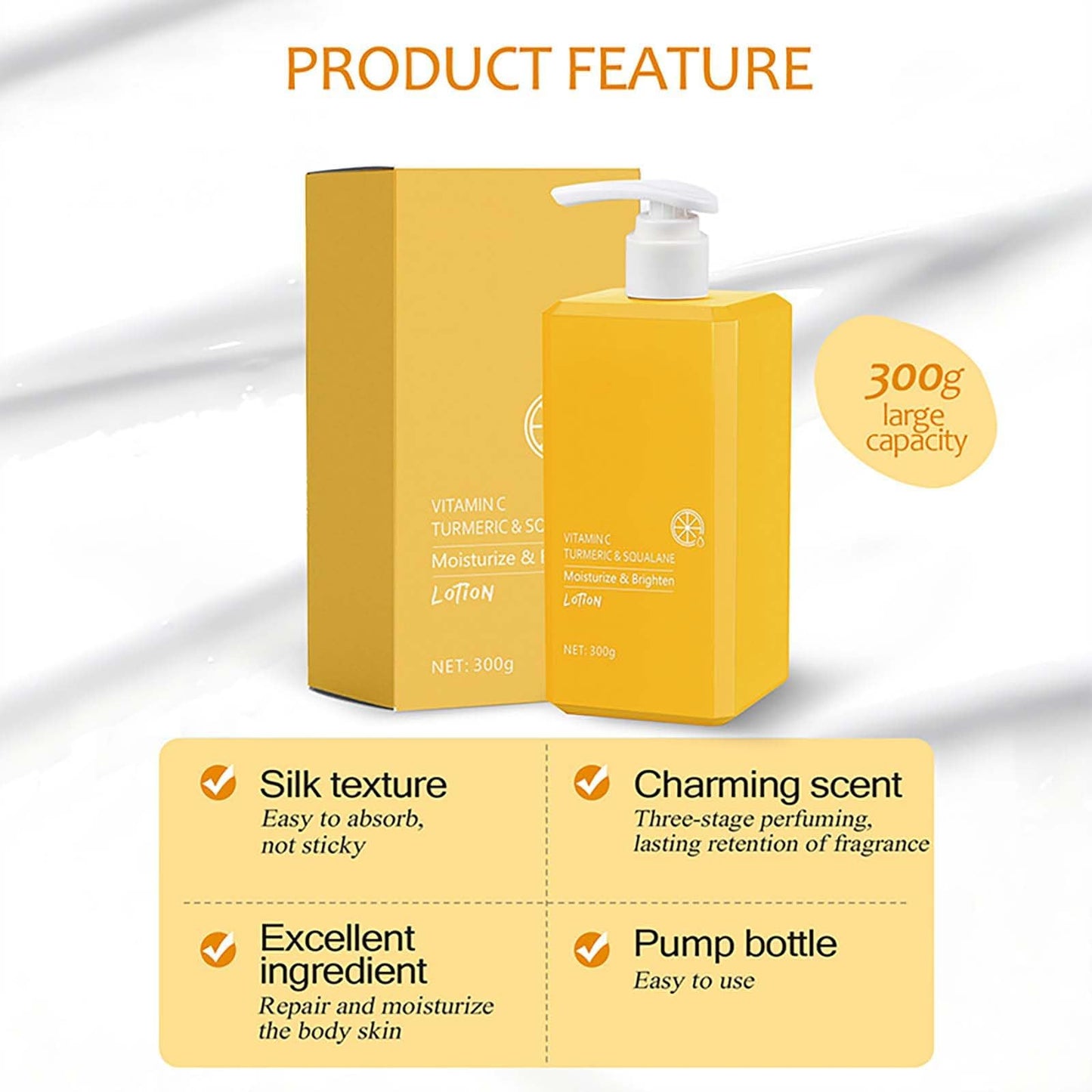 Turmeric & Vitamin C Body Lotion - Large Moisturizer with Squalane, Targets Dark Spots, Hydrates Dry Skin, Improves Skin Tone, All-Day Protection, 300g