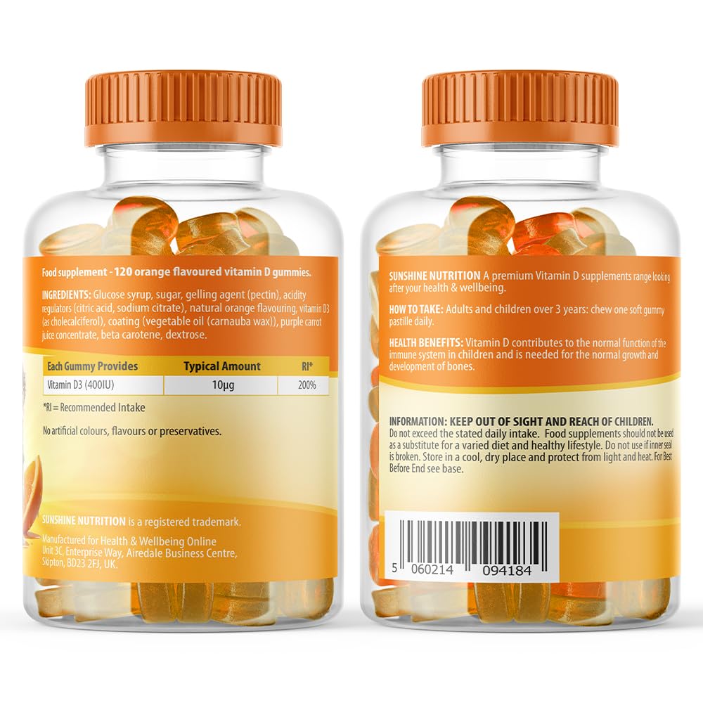 Kids Vitamin D Gummies by Sunshine Nutrition - MEGA Pack Vitamin D3 400IU Orange Flavour Gummy (Pack of 120)
