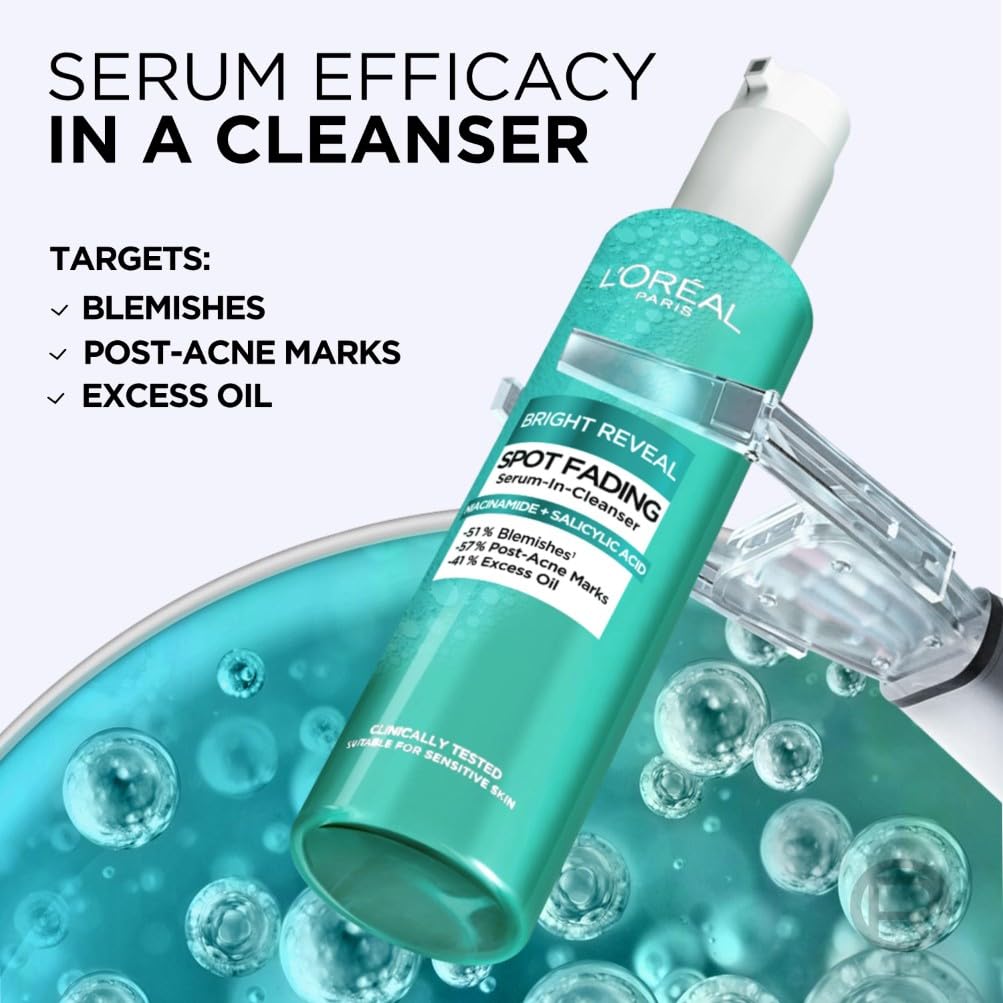 L'Oreal Paris L’Oréal Paris Bright Reveal Spot Serum-In-Cleanser for Face, Niacinamide and Salicylic Acid, Visibly Fades Blemishes and Post-Acne Marks, Eliminates Excess Oil, 150ml