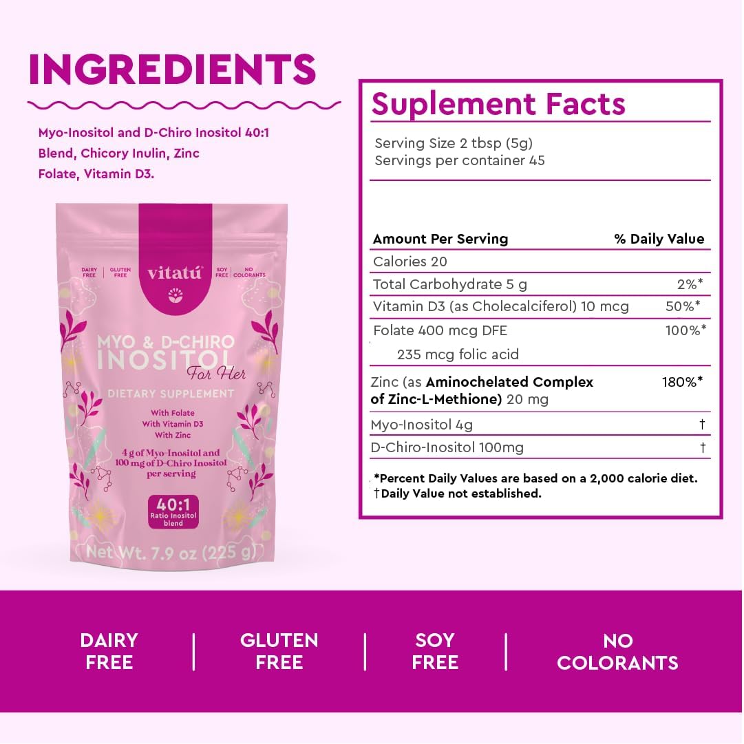 Vitatú | Myo Inositol (4g) & D-Chiro Inositol (1g) Ideal Mix 40:1 | Duration 45 Days | with Folic Acid + Vitamin D3 + Zinc, Powdered Dietary Supplement for Women (225 g)