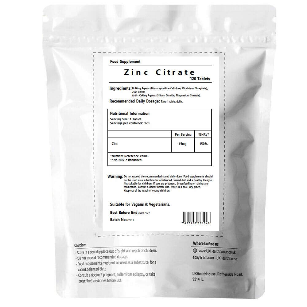 UKHealthHouse Zinc Citrate - 50mg x 120 - High Strength - Healthy Hair, Skin, Nails, Vision & Hormone Balance - Vegetarian & Vegan - General Health