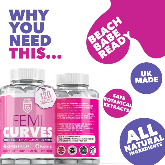 MoovWell Femi Curves Bum & Breast Curves Enhancement Tablets for Women – 120 Tablets for Bigger Curves & Fuller Shape, Natural Ingredients - Bum Enhancement Supplement, Made in UK