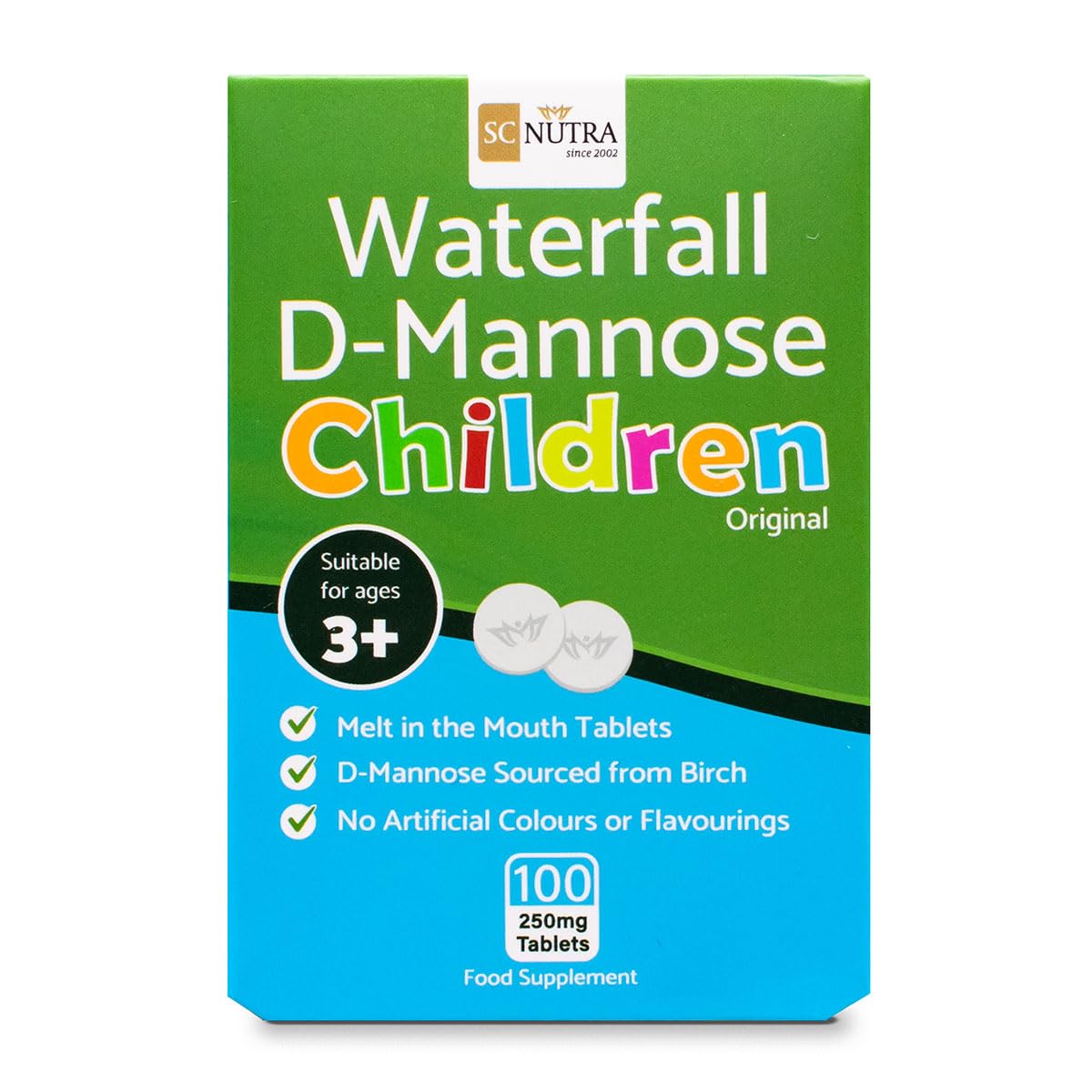sc nutra Waterfall D-Mannose for Children Melts (Melt in the Mouth Tablets) for Kids – Suitable for Boys & Girls 3+ | 250mg Melts – 100 Count - Original (No Flavour)
