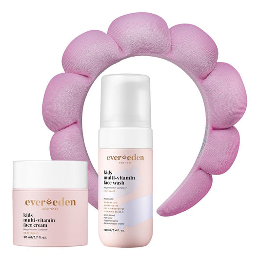 Evereden Kids Face Duo & Spa Headband Set – Multi-Vitamin Face Wash & Cream + Soft Terry Headband – Nourishing Skin Care & Fun Hair Management for Kids 3+ – Gentle & Perfect for Skincare Routine