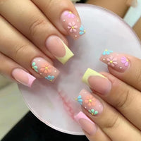 Ceboic 24Pcs Square False Nails Medium, Glossy Cute Flower French Press on Nails, Frosted Stick on Nails with Glue Stickers, Full Cover Artificial Fake Nails for Women Girls DIY Manicure Decoration