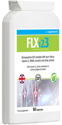 FLX123 FLX 123 - Vitamin C, Turmeric, Glucosamine, Ginseng, Rosehip, Ginger Root, Montmorency Cherry. Super Strength Formulation Helps to Maintain Joint Health, Mobility and Hydration. Turmeric Tablets.