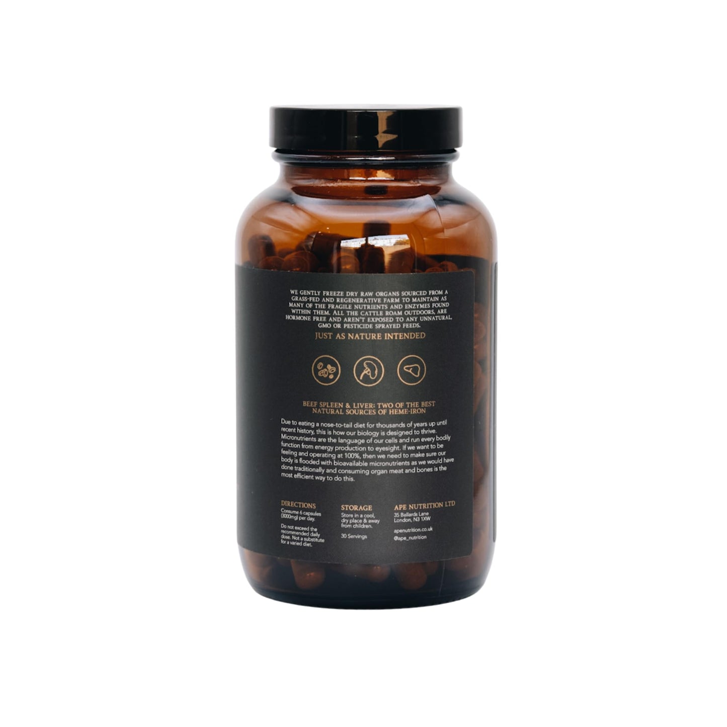 A | P | E APE Nutrition Grass Fed Beef Spleen Supplement | Natural Source of Iron, Supports Immunity, Energy & Wellbeing | 180 Capsules