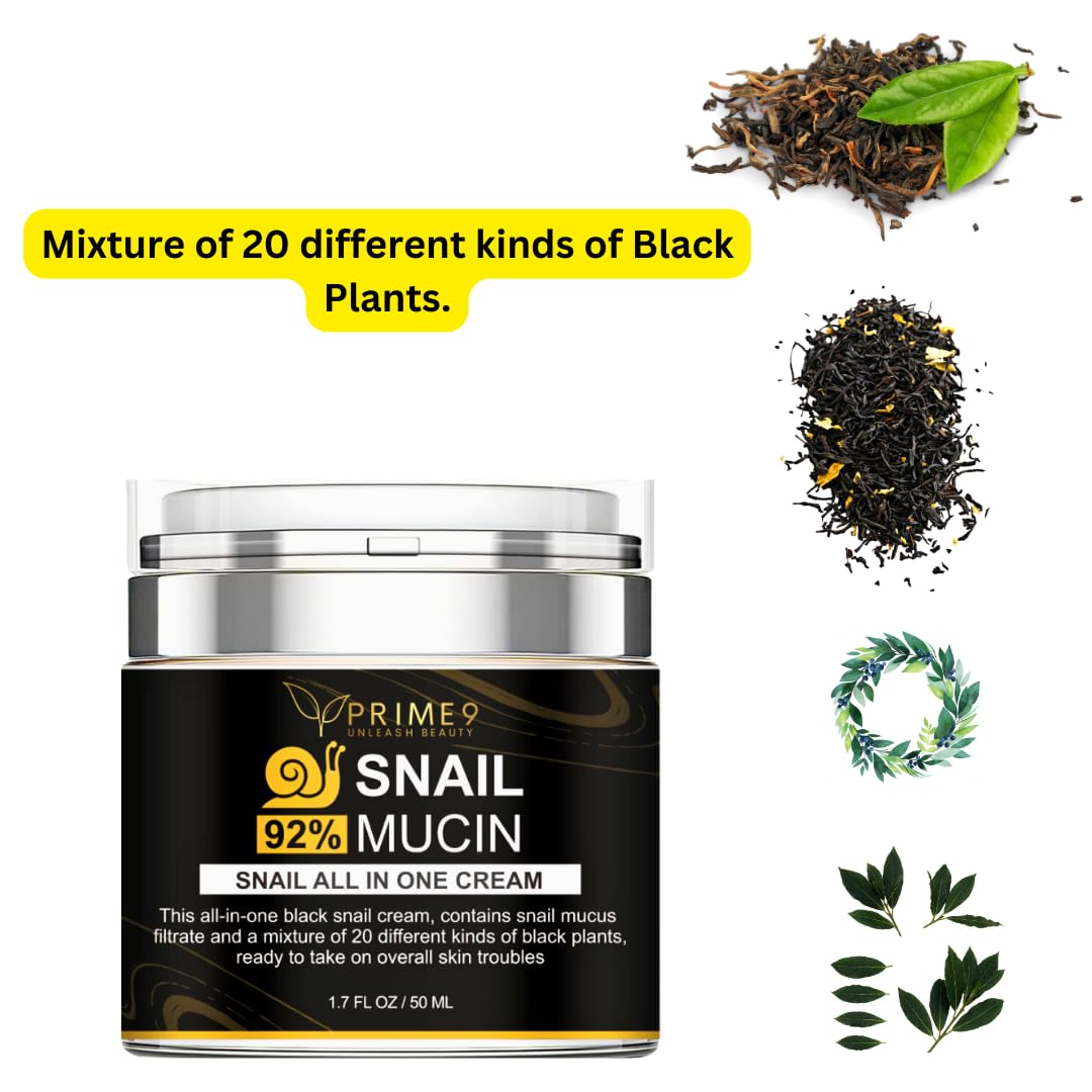 PRIME9 Prime9 Snail Mucin Cream 92% – Korean All-in-One Moisturiser for Deep Hydration, Smooth Skin, Anti-Aging & Blemish Care, Face Cream for Sensitive Skin