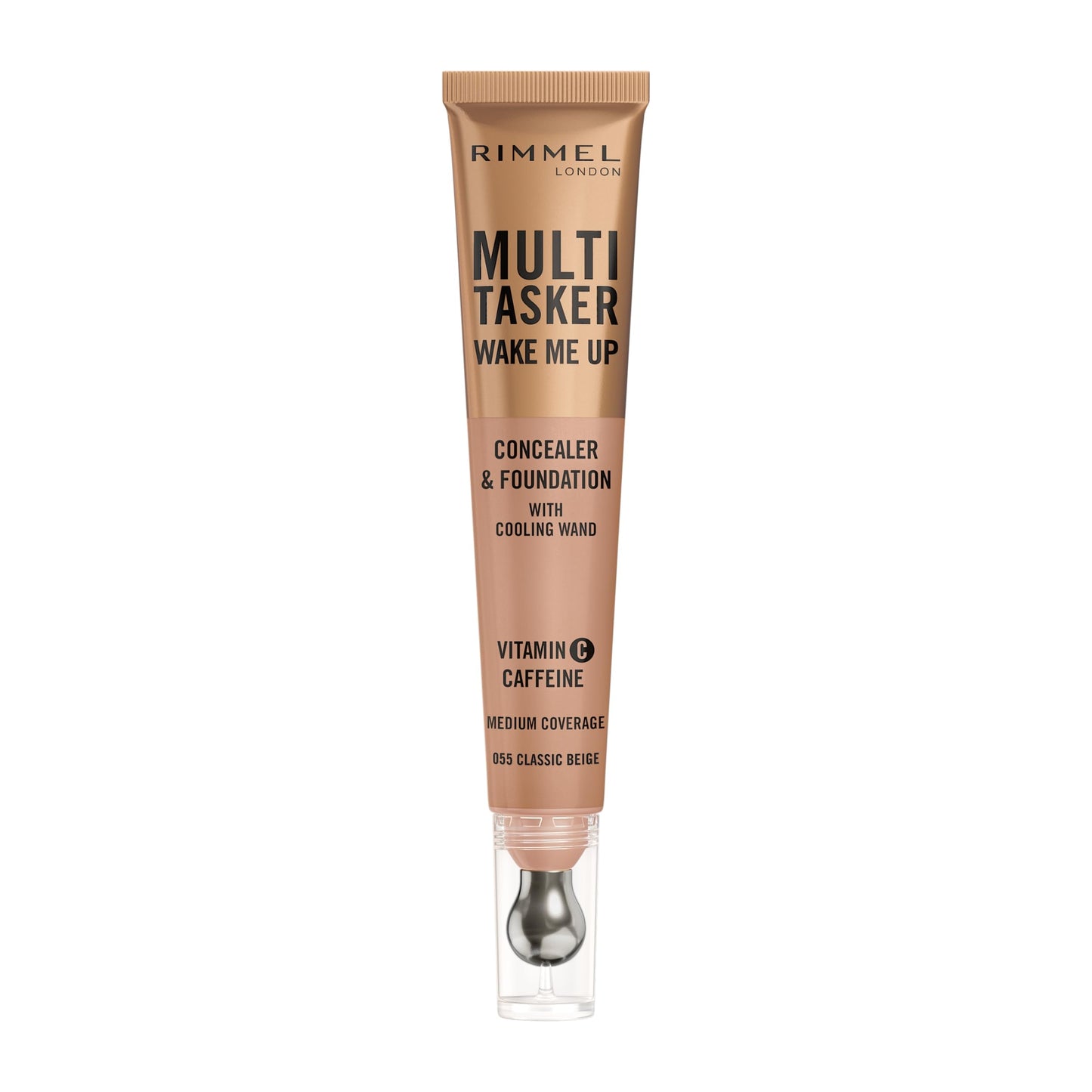 Rimmel Multi-Tasker Wake Me Up Foundation & Concealer, 055 Classic Beige, Depuffs & Brightens Dark Circles, Metallic Cooling Applicator, Caffeine & Victamin C, 2% Niacinamide, Vegan, Cruelty free