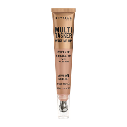 Rimmel Multi-Tasker Wake Me Up Foundation & Concealer, 055 Classic Beige, Depuffs & Brightens Dark Circles, Metallic Cooling Applicator, Caffeine & Victamin C, 2% Niacinamide, Vegan, Cruelty free