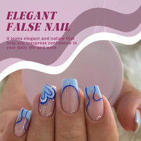 Mikloven 24PCS Blue Geometric French Tip Press-On Nails With Jelly Glue & Applicator Tool - Short Square Reusable Acrylic False Nail Kit For Women - Eco-Friendly Durable Multi-Size Manicure Set