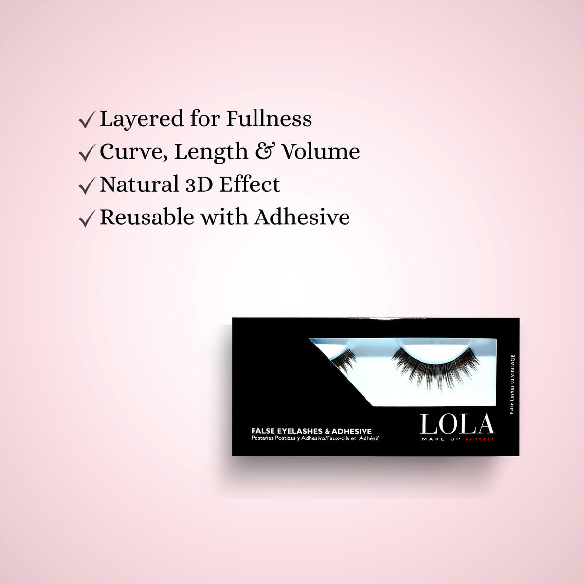 Lola Make Up by Perse False Eyelashes – Reusable Lightweight Strip Lashes with Adhesive, Easy to Apply & Comfortable All-Day Wear - [03 - Vintage]