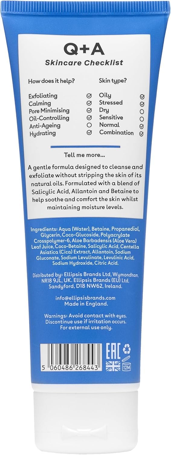 Q+A Salicylic Acid Daily Cleanser – Exfoliating Face Wash for Clear Skin, Targets Breakouts & Pore Congestion, Hydrating with Betaine & Allantoin, Vegan & Cruelty-Free, Made in UK, 125ml
