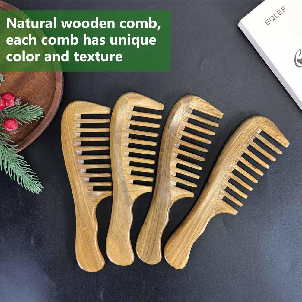 EQLEF Wide Tooth Comb for Curly & Thick Hair, Natural Green Sandalwood Wooden Detangling Comb with Handle Anti-Static Wooden Combs for Women & Men