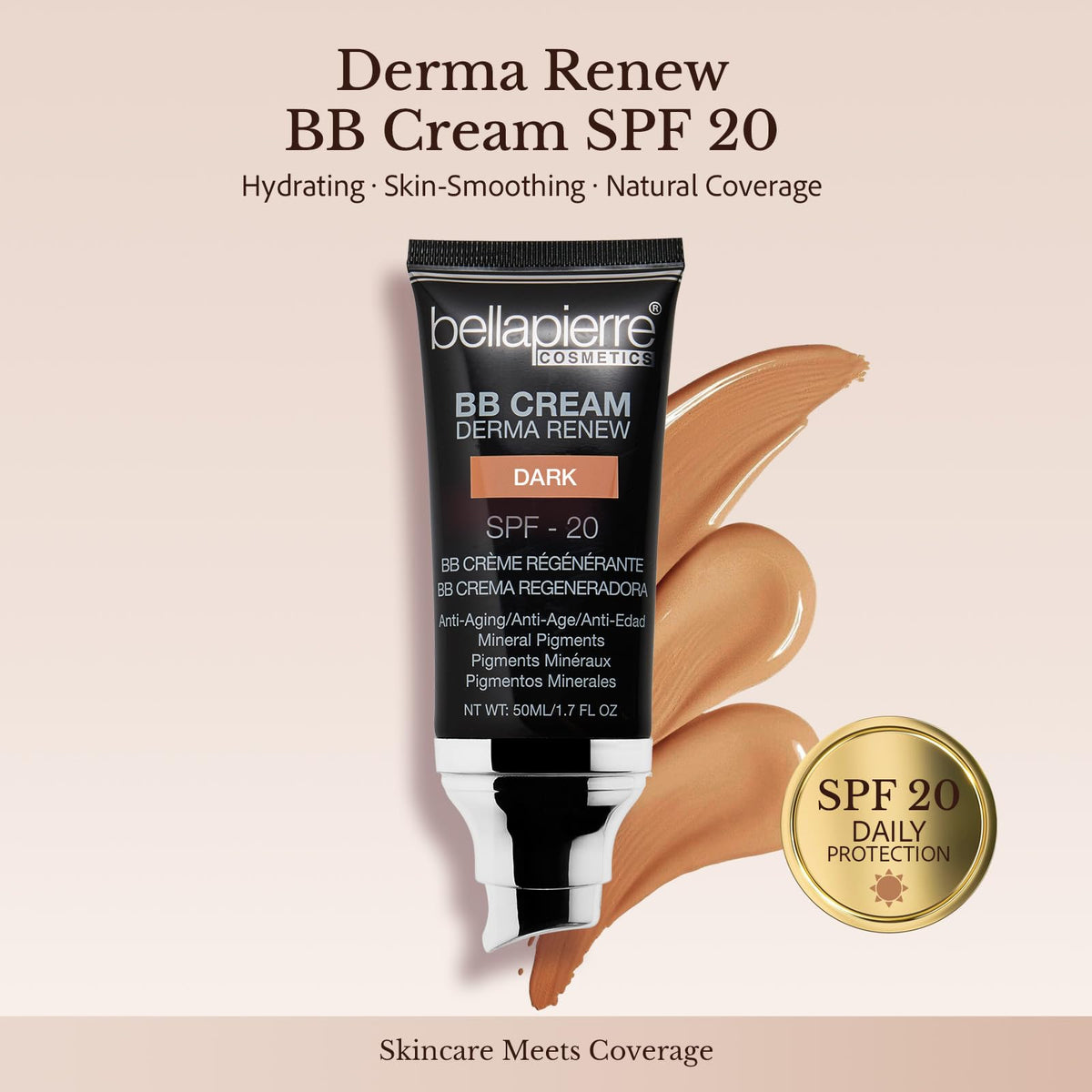 bellapierre BB Cream with SPF 20 - Tinted Sunscreen, Concealer, Matte Foundation, & Moisturizing Face Cream | Lightweight Formula + Pump Top Applicator | Non-Toxic & Paraben Free - 48 ML - Dark