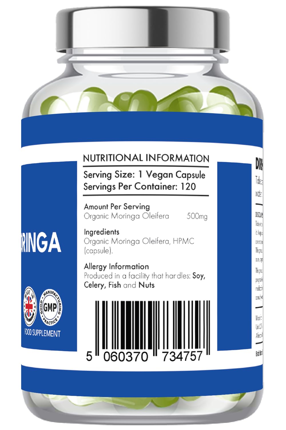 Pure: Vitality Organic Pure Moringa Leaf - 120 Vegan Capsules - High Strength Moringa Oleifera - 500mg per Capsule - GMP HACCP UK Certified - 4 Month Supply