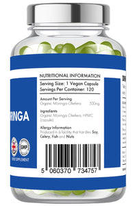 Pure: Vitality Organic Pure Moringa Leaf - 120 Vegan Capsules - High Strength Moringa Oleifera - 500mg per Capsule - GMP HACCP UK Certified - 4 Month Supply