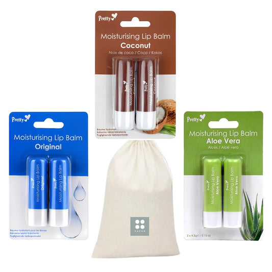 Lip Care Balm Multipack Set for Repair and Relief with Pretty Stick Lip Balm 4.3g - Original, Coconut and Aloe Vera Bundled with SAESR Handy Carry Pouch.