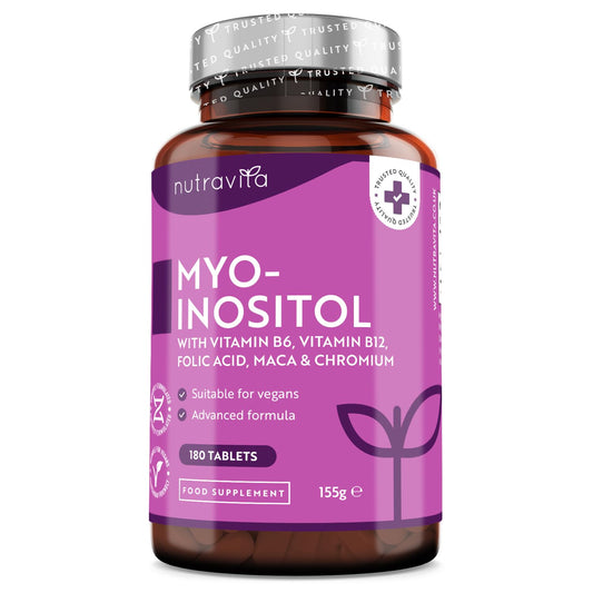 Myo-Inositol Tablets with Folic Acid, Vitamin B6, B12, Maca and Chromium - PCOS Support Supplement - 180 Vegan Tablets - Prenatal Vitamins for Women - Alternative to Inositol Powder - Nutravita