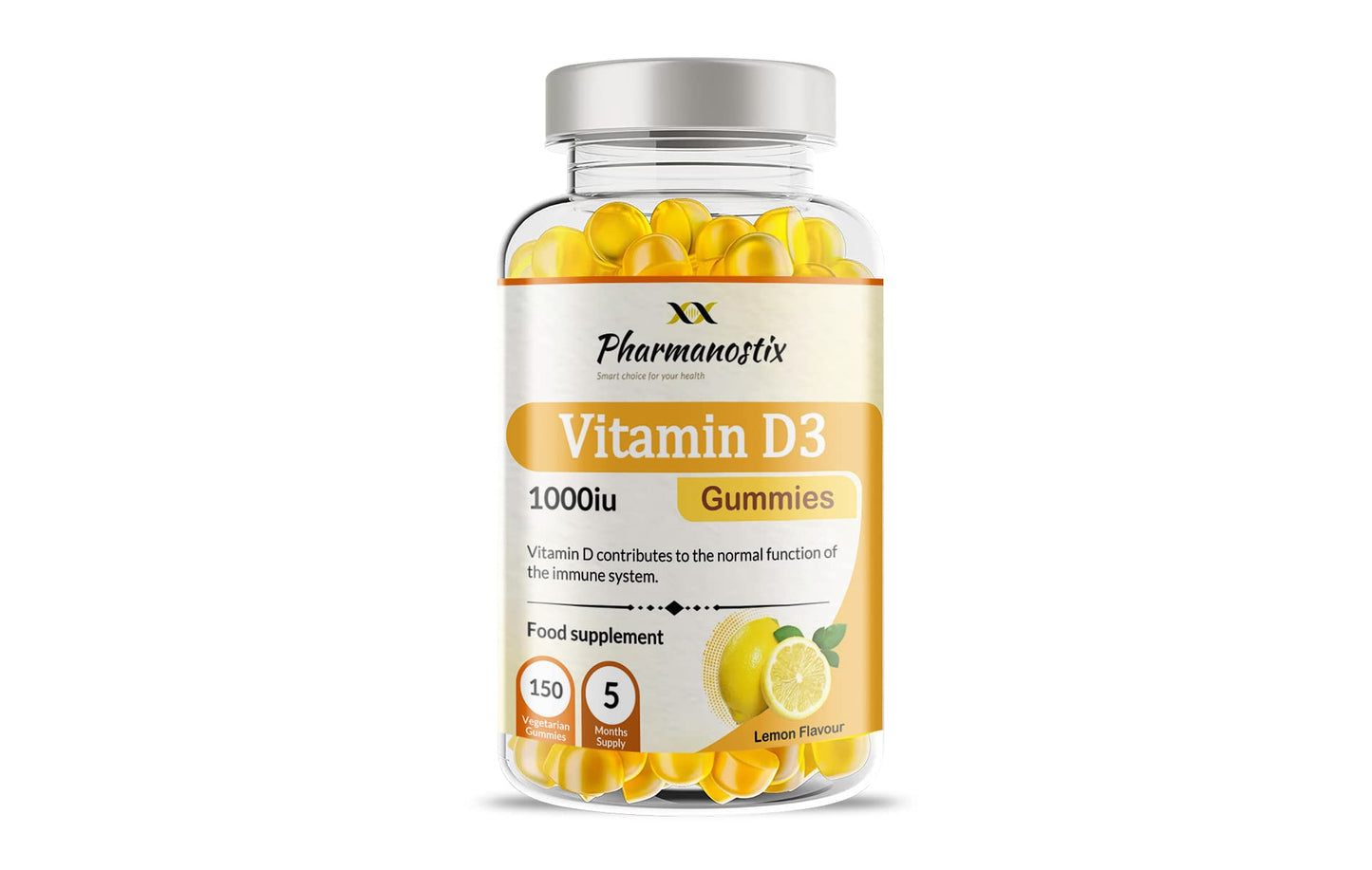 Pharmanostix Vitamin D3 1000iu Gummies - 150 Natural Lemon Flavour Gummies for Teens & Adults - 5 Months Supply - Support Immune Function and Help Maintain Bones and Teeth Helps in Calcium Absorption