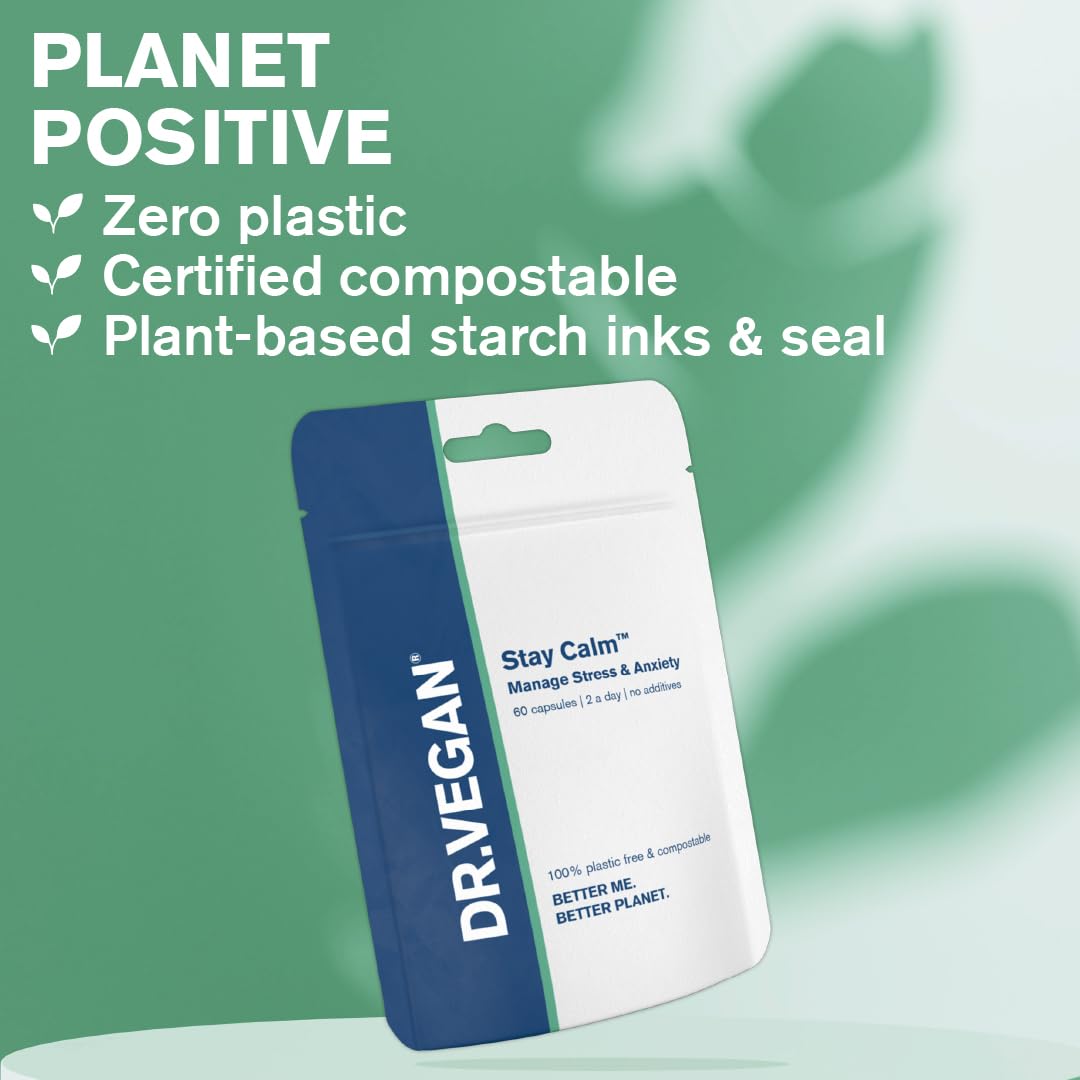 DR.VEGAN Stay Calm | for Stress & Anxiety | 60 Capsules | Two-A-Day | Including Ashwagandha KSM-66 150mg, Cordyceps 150mg, Rhodiola 100mg, Schisandra 100mg