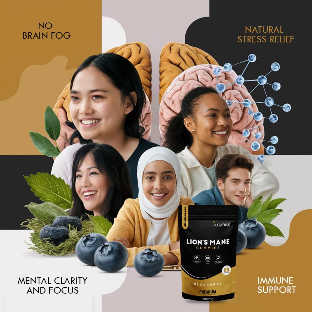 GLOWRISE Lions Mane Gummies 1000mg – Blueberry Flavor, Sugar-Free, Vegan & Halal - 60 Gummies (Two Months Supply)- (Not Powder or Capsules)