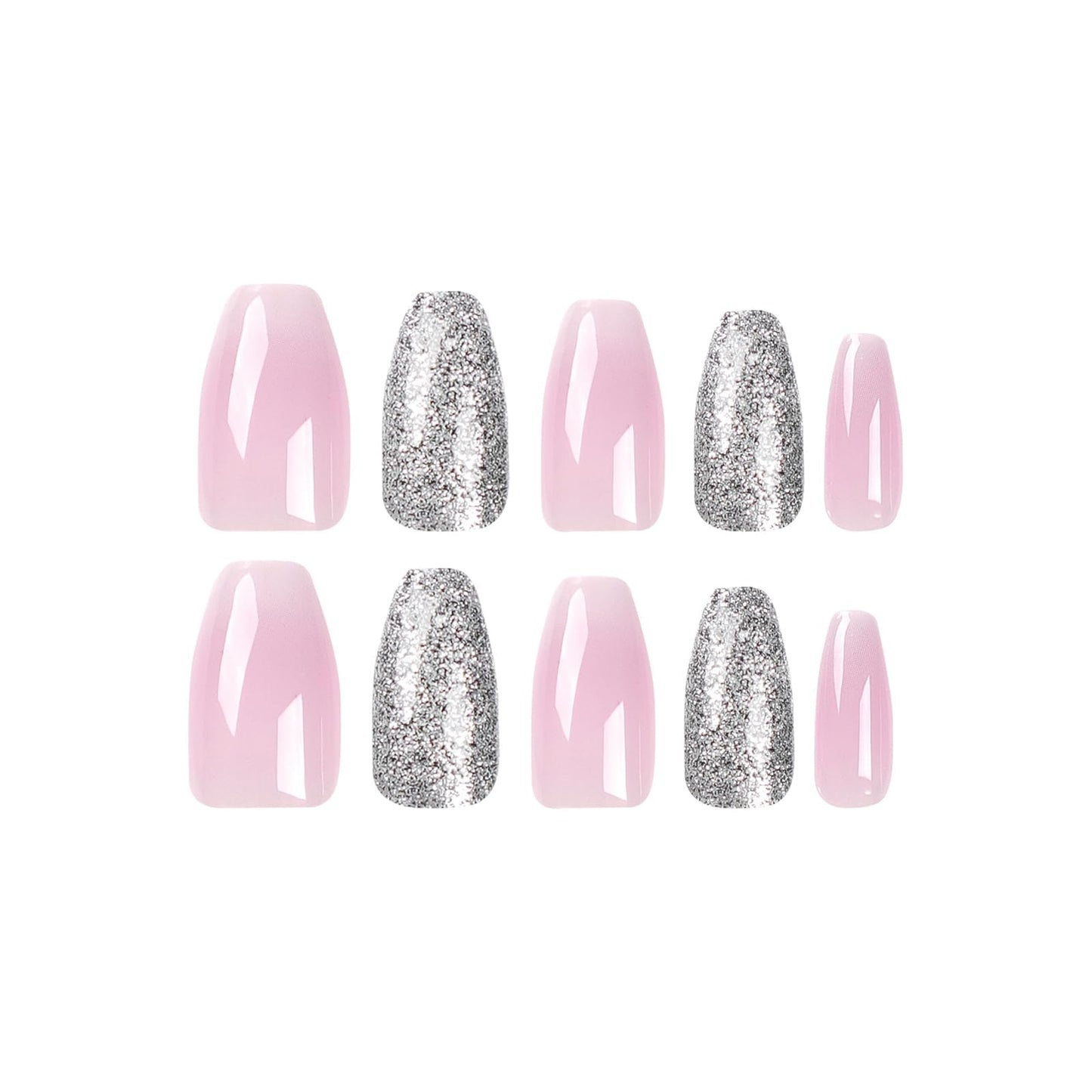 Angwis 24pcs Short Coffin False Nails Glitter Silver Stick on Nails Pink Ombre Press on Nails Removable Glue-on Nails Acrylic Full Cover Fake Nails Women Girls Nail Art Accessories