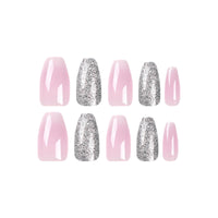 Angwis 24pcs Short Coffin False Nails Glitter Silver Stick on Nails Pink Ombre Press on Nails Removable Glue-on Nails Acrylic Full Cover Fake Nails Women Girls Nail Art Accessories