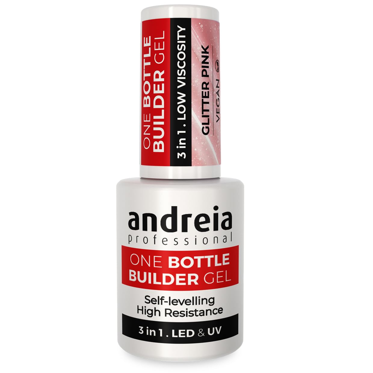 Andreia Professional Gel Builder Nail Construction - Triphasic 3 in 1 Low Viscosity - LED & UV Builder Gel in a Bottle - Nail Extension - Self Levelling High Resistance - Colour Glitter Pink 14ml