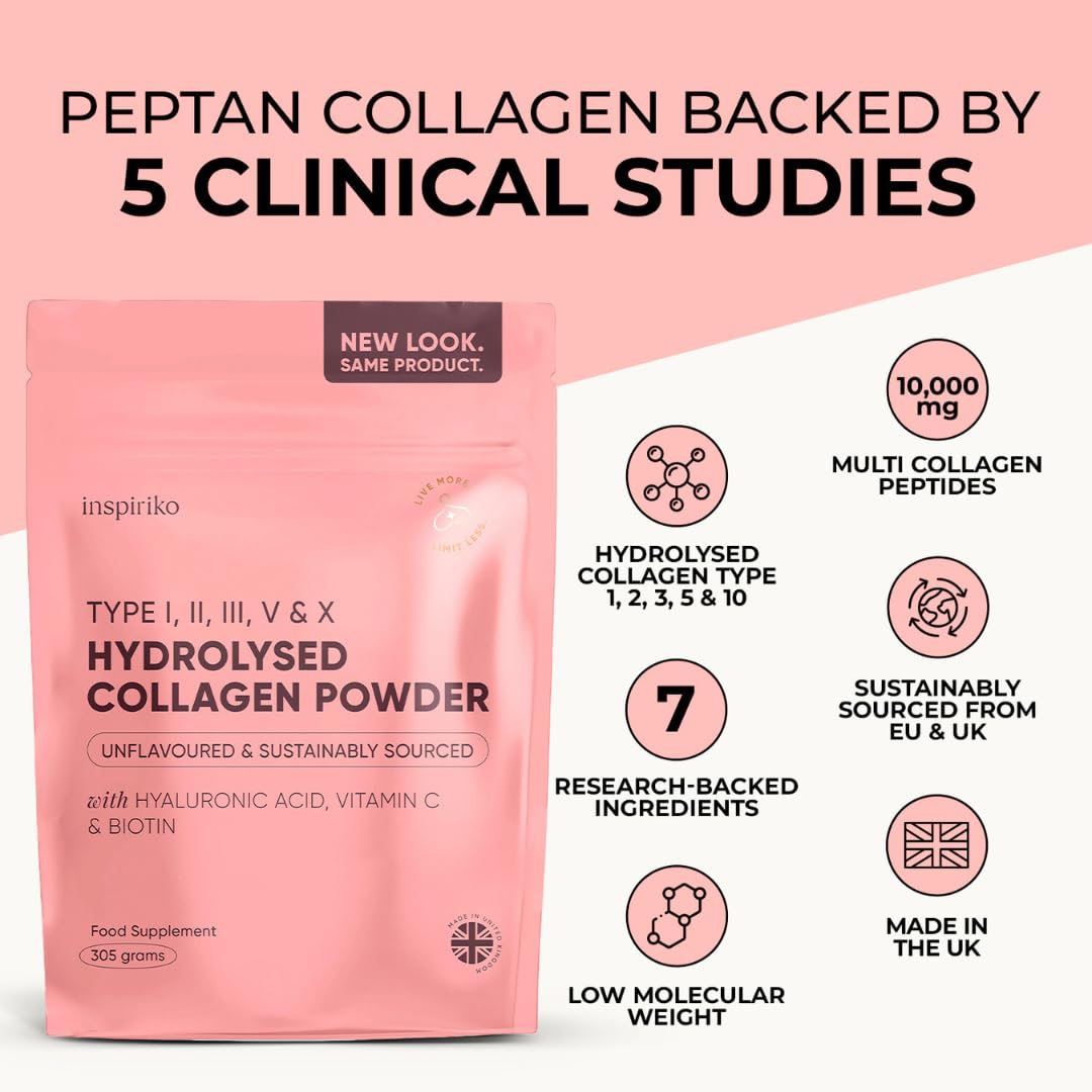 Inspiriko Multi Collagen Powder for Women - 10,000mg Type I, II, III, V & X Hydrolyzed Collagen Supplements for Women with Hyaluronic Acid, Vitamin C, Biotin & Copper, 30 Servings
