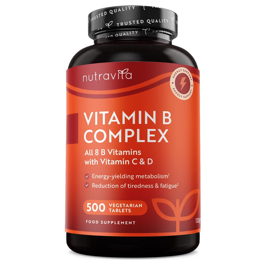 Vitamin B Complex High Strength with Vitamin D + Vitamin C 500 Tablets for +1 Year of Supply, Energy-Yielding Metabolism - Reduction of Tiredness & Fatigue (EFSA) Made in The UK by Nutravita