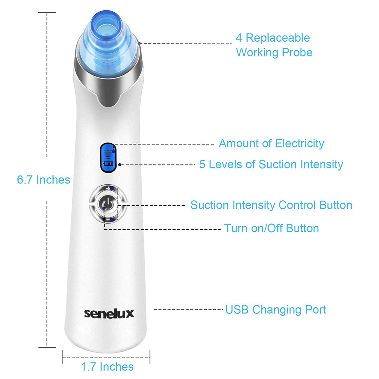 Senua Senelux Blackhead Remover Vacuum Pore Cleaner Acne Comedone Extractor Face Pore Vacuum Blackhead Remover Tool Facial Pore Cleanser with 5 Adjustable Suction Power and 4 Replacement Probes - Blue