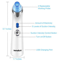 Senua Senelux Blackhead Remover Vacuum Pore Cleaner Acne Comedone Extractor Face Pore Vacuum Blackhead Remover Tool Facial Pore Cleanser with 5 Adjustable Suction Power and 4 Replacement Probes - Blue