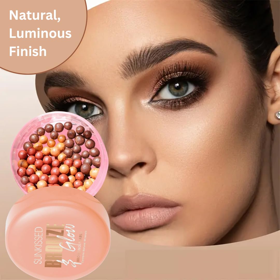 Sunkissed Bronze & Glow Makeup - Includes 2 x 45g Tubs of Sunkissed Bronze & Glow Bronzing Pearls and 1 Soft Bronzing Brush - Bronzer - Vegan-Friendly Makeup Bundle by Kevagh