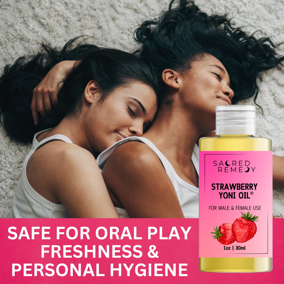 Sacred Remedy StrawberryYoni Oil Potent, Hydrating, Moisturising Lotion Oil. 100% Natural & Vegan. Reduces Friction, Chaffing & Dryness. Balances PH Level & Fresh Scent with Vitamin E (50ml)