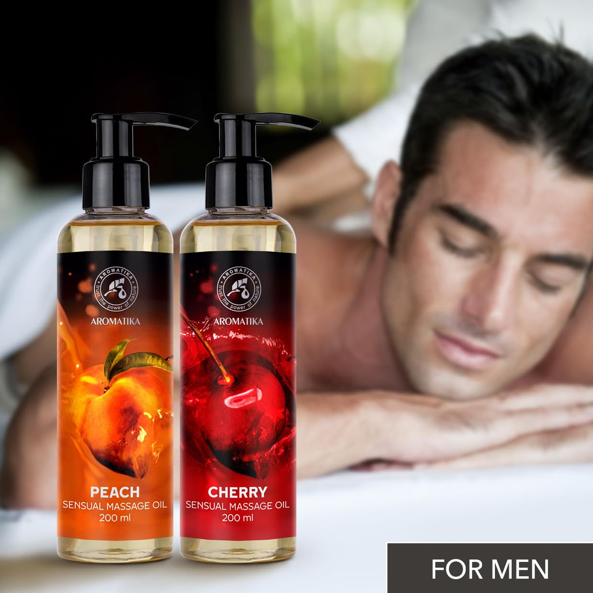AROMATIKA trust the power of nature Sensual Massage Oil Set 2x200ml - Peach and Cherry - Edible & Kissable Massage Oil - Blend of Almond & Grapeseed & Macadamia Oils - Body Oil for Him & Her - for Couples - Relaxing Massage Oil