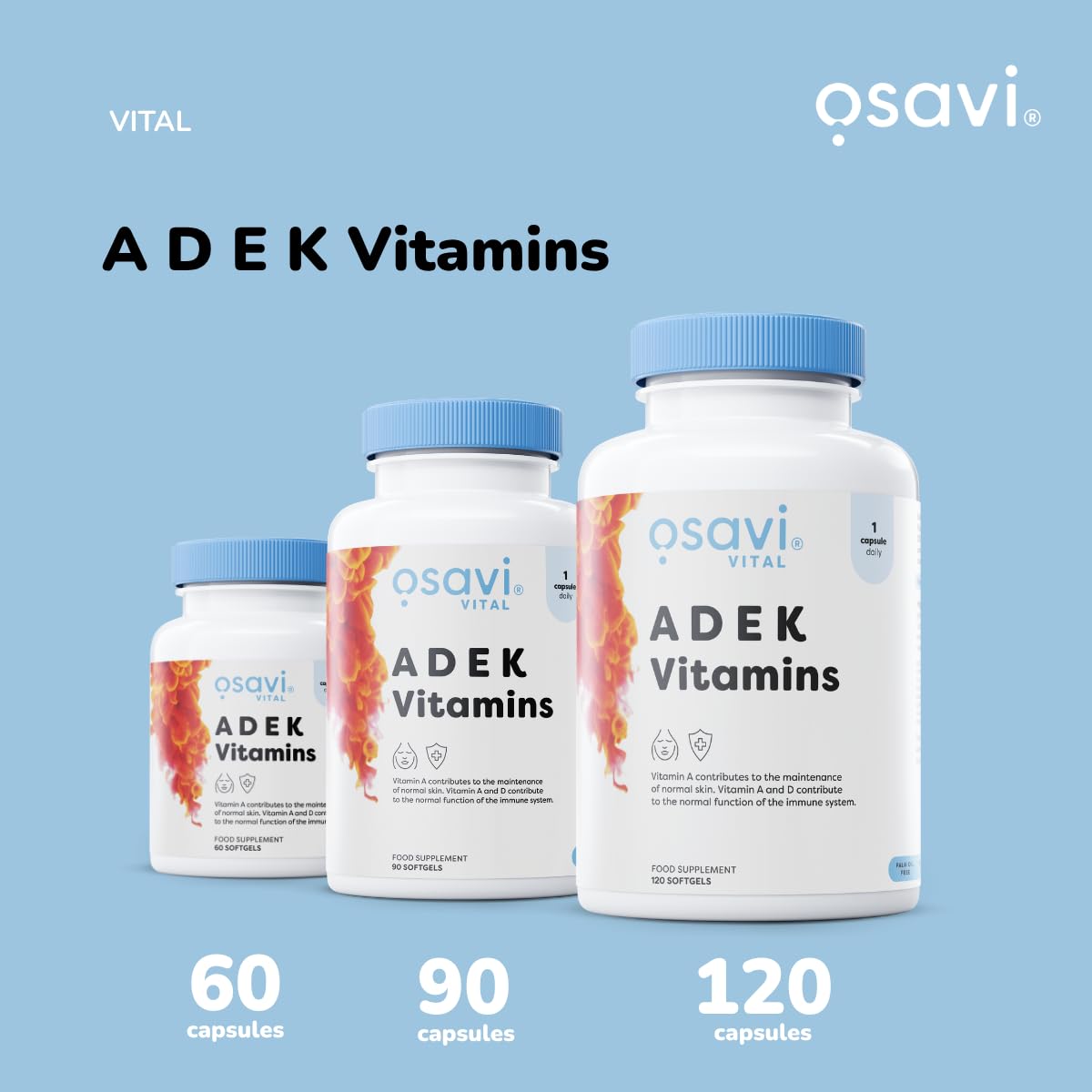 OSAVI Osavi ADEK Vitamins – 60 Softgels | Supports Immunity, Bones & Skin | Natural Beta–Carotene, D3, E & K2 for Immune Defense, Strong Bones, Healthy Skin, Vision & Muscle Function