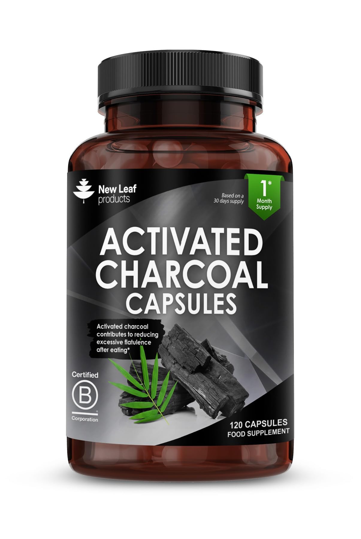 NEW LEAF PRODUCTS Activated Charcoal Capsules - 120 High Strength Activated Charcoal Tablets Alternative - 1040mg Per Serving, Helps Reduce Excessive Flatulence After Eating - Made in UK By New Leaf